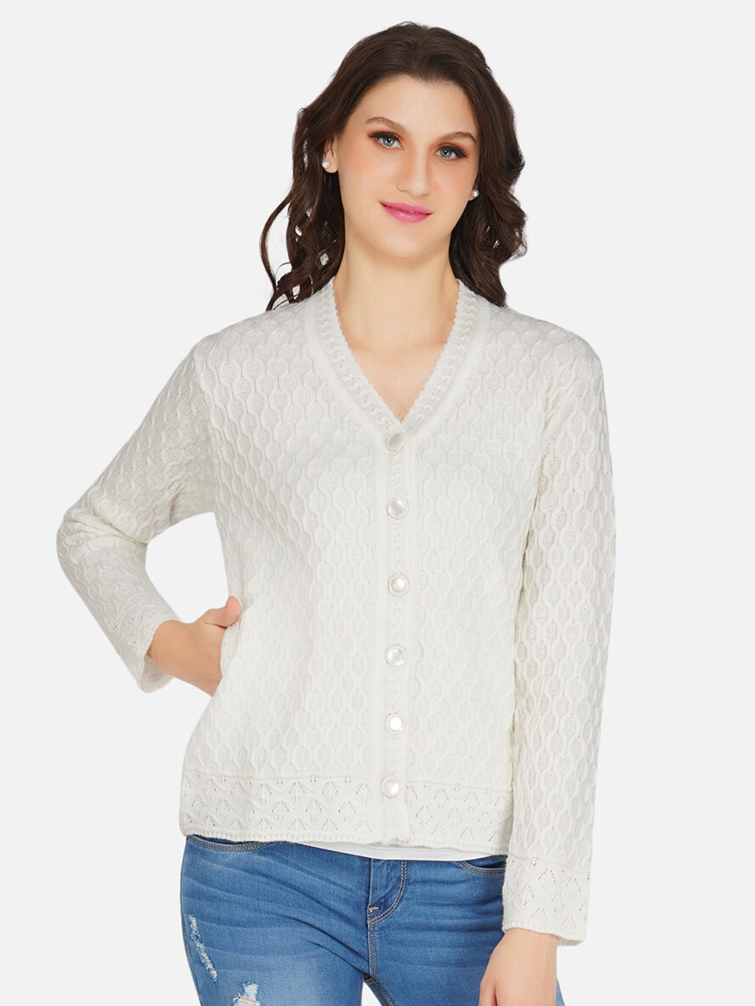 

FABNEST Women White Cardigan Sweater
