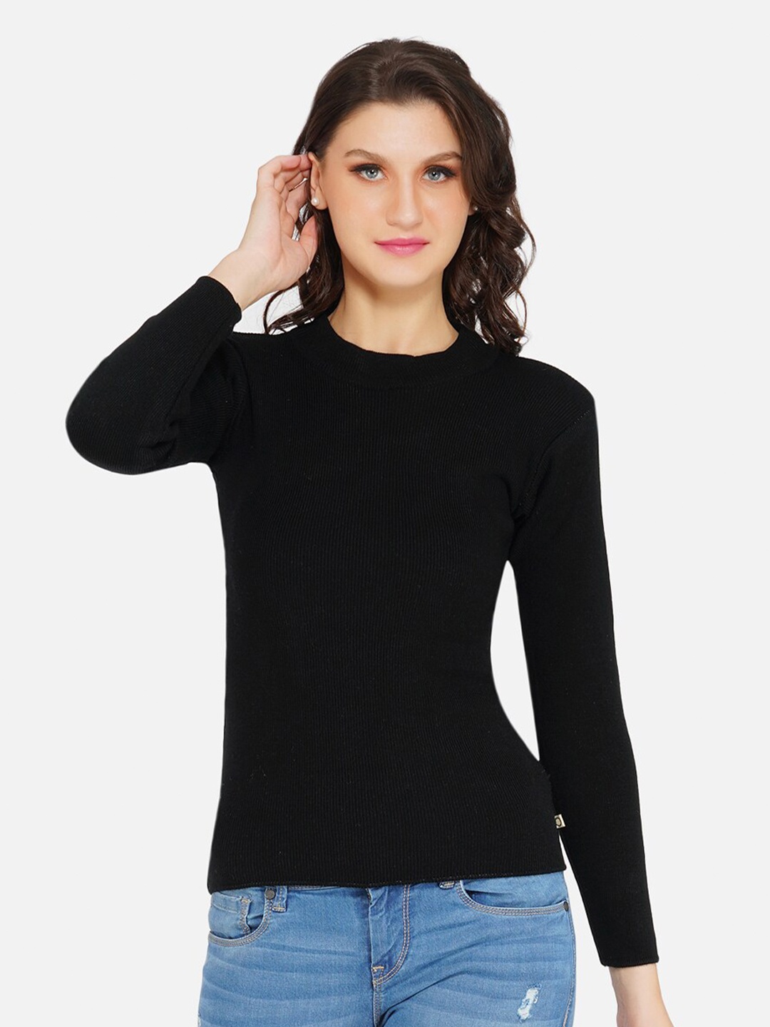 

FABNEST Women Black Ribbed Pullover Sweater