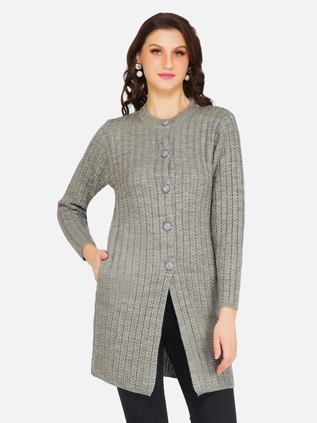 

FABNEST Women Silver-Toned Embroidered Longline Cardigan