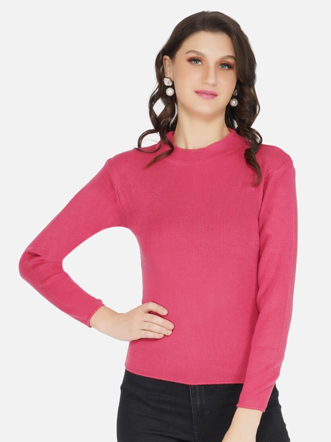 

FABNEST Women Pink Ribbed Pullover