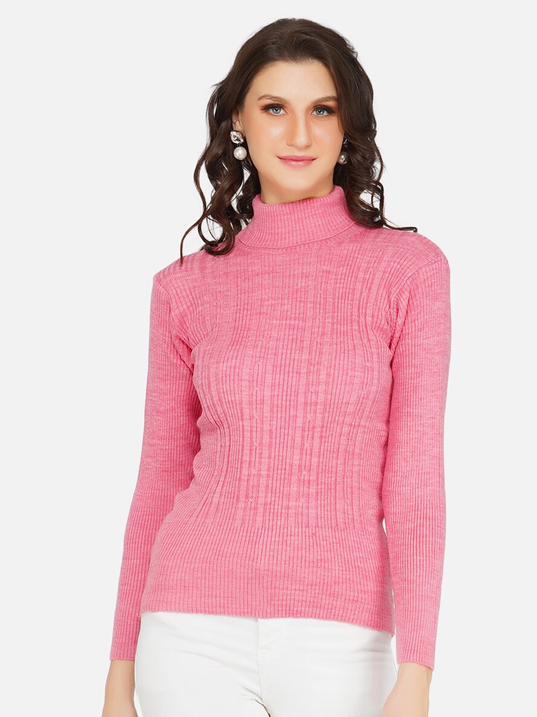 

FABNEST Women Pink Cable Knit Pullover