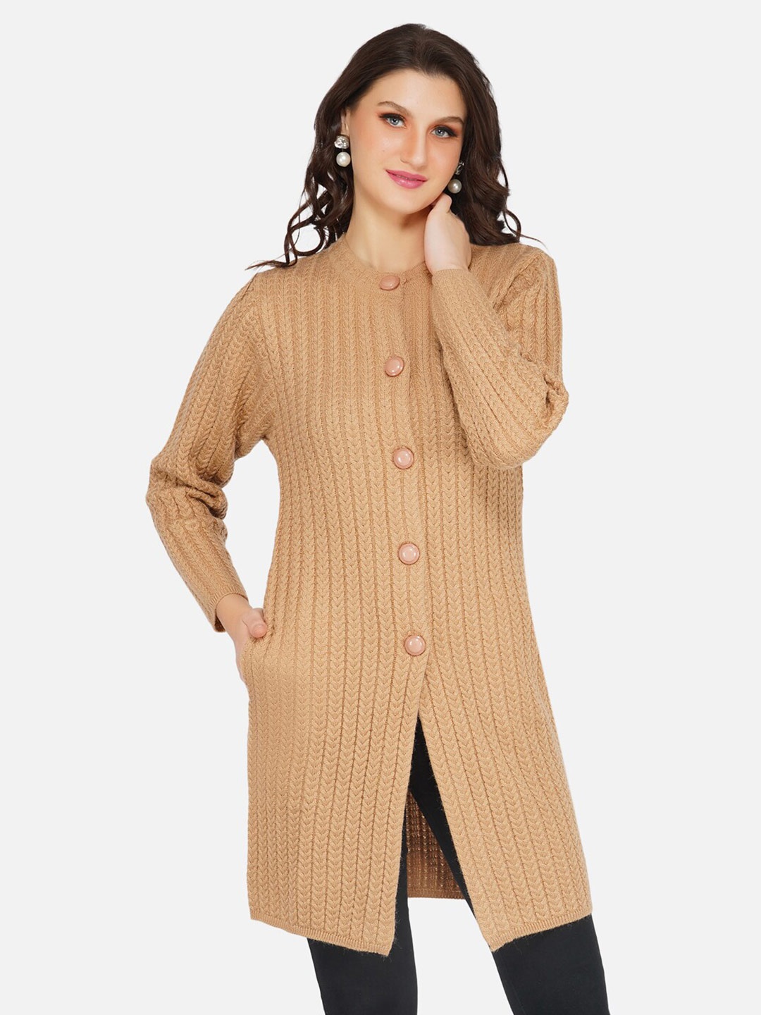 

FABNEST Women Beige Embroidered Longline Cardigan