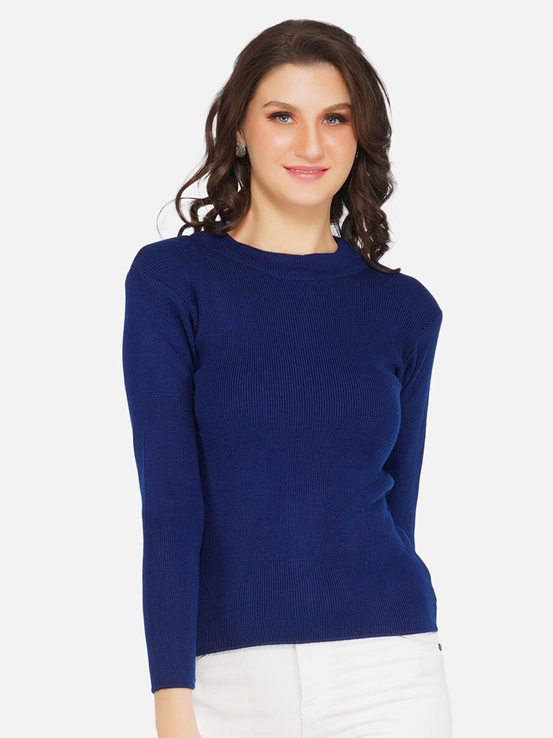 

FABNEST Women Blue Ribbed Pullover