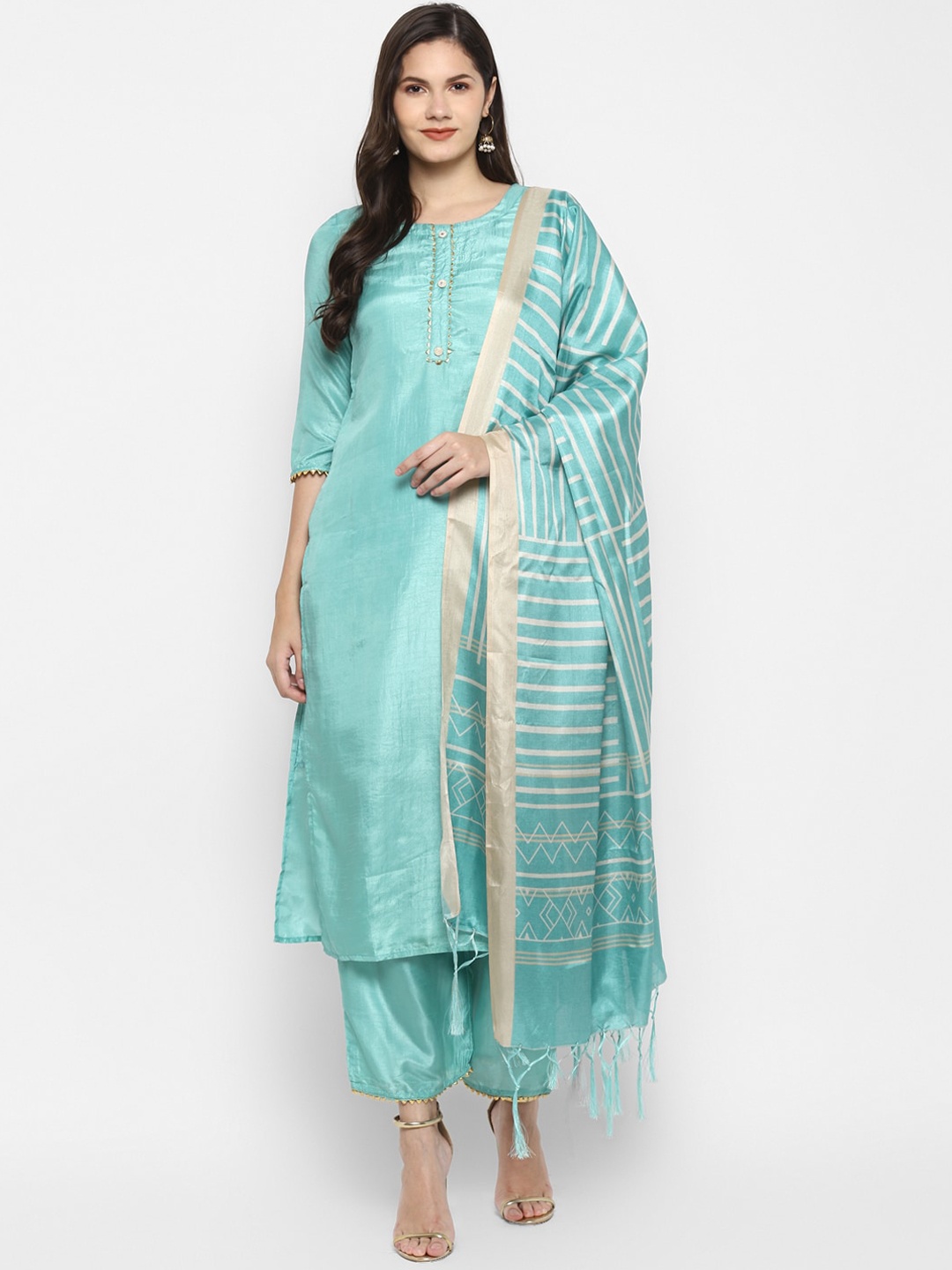 

VAABA Women Sea Green Yoke Design Regular Gotta Patti Kurta with Palazzos & With Dupatta