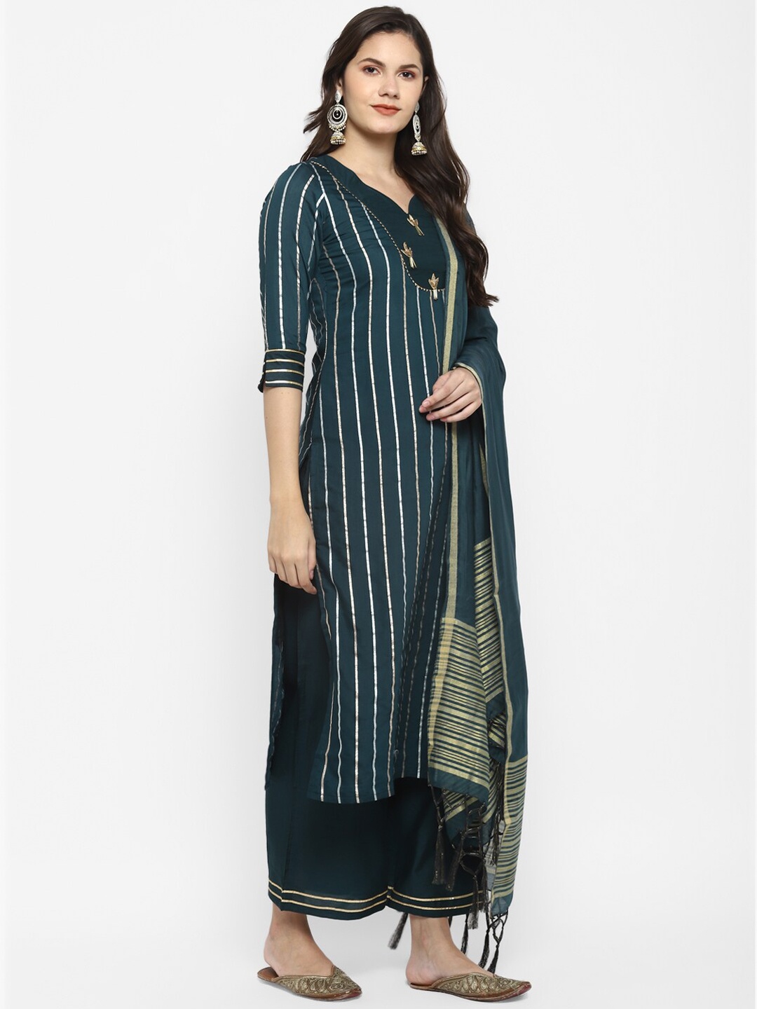 

VAABA Women Green Striped Regular Gotta Patti Chanderi Silk Kurta with Palazzos & With Dupatta