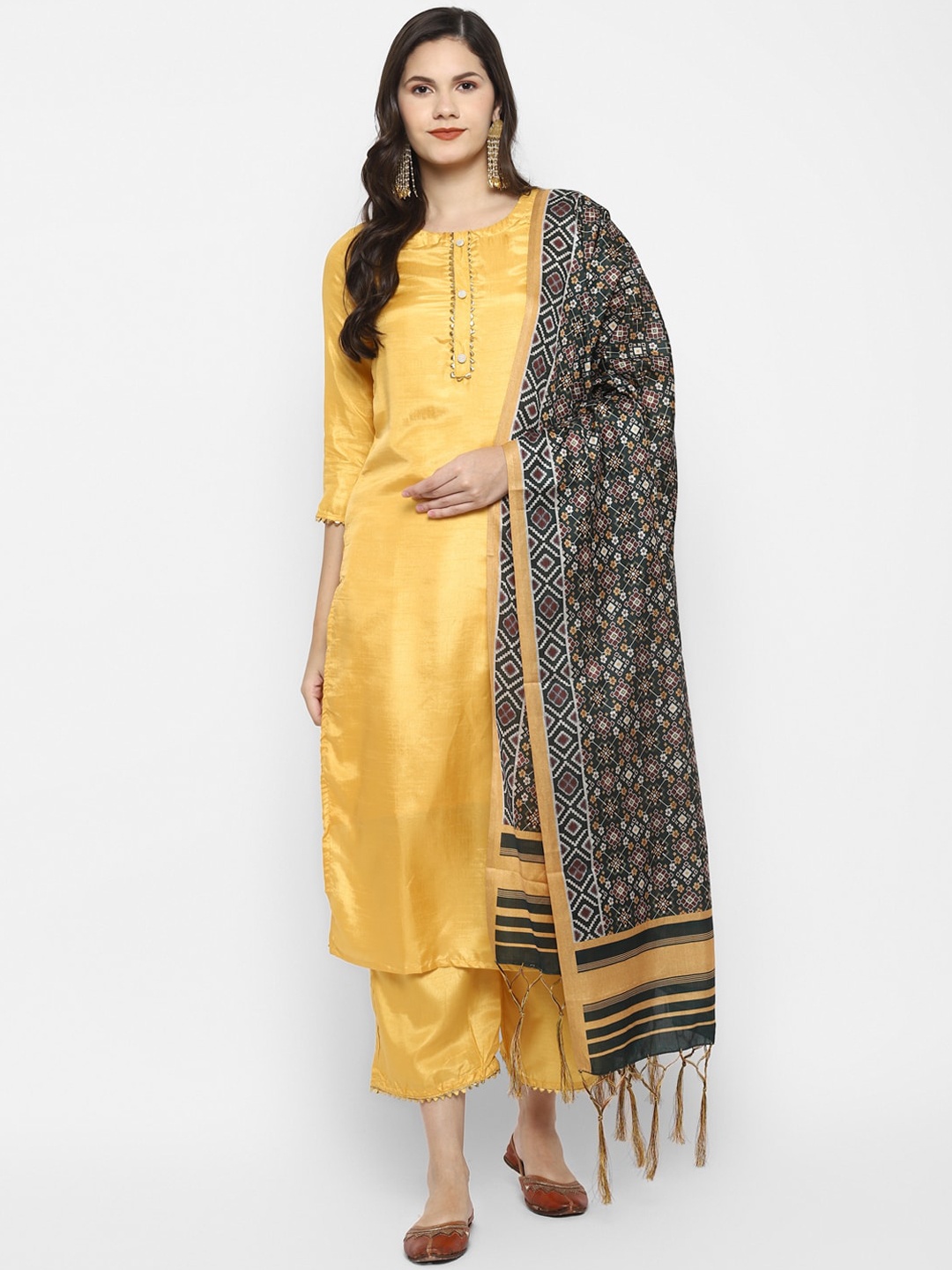 

VAABA Women Yellow & Black Solid Gotta Patti Kurta With Palazzos & Dupatta