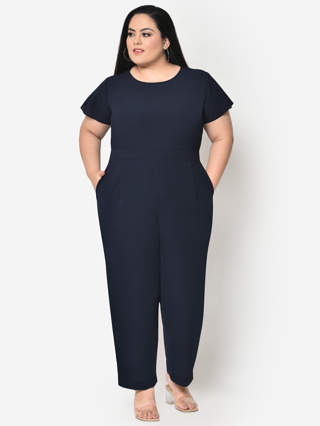 

wild U Navy Blue Tulip Sleeves Plus Size Basic Jumpsuit