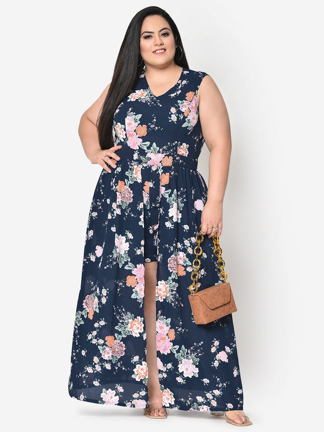 

wild U Navy Blue & Pink Floral Printed Layered Plus Size Playsuit
