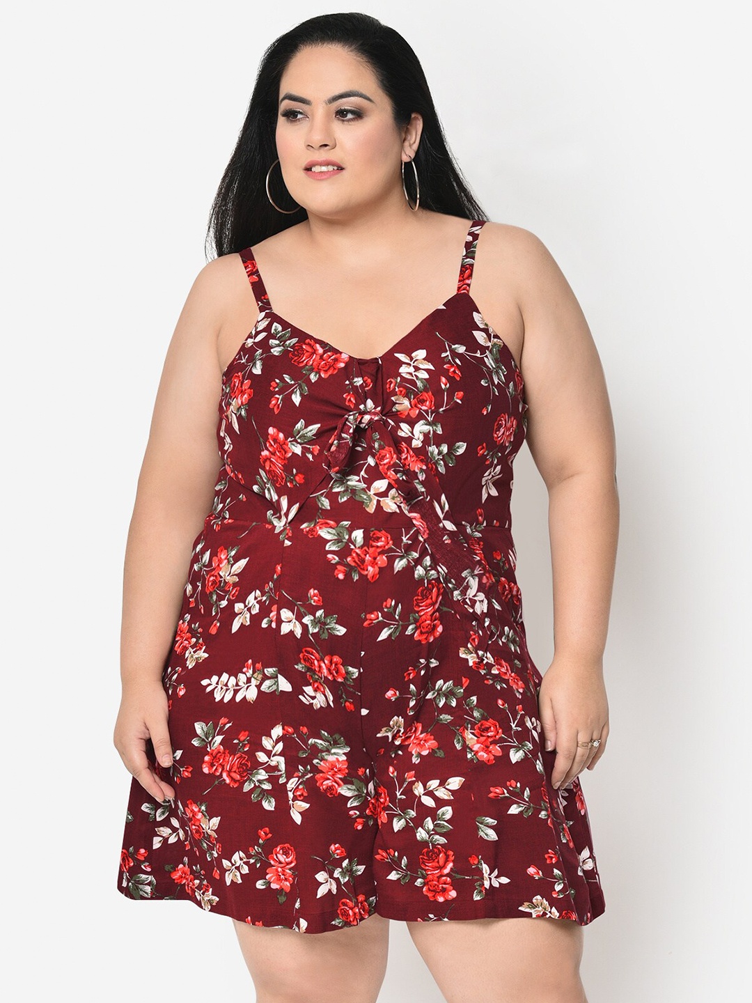 

wild U Maroon & Red Floral Printed Knot Plus Size Playsuit