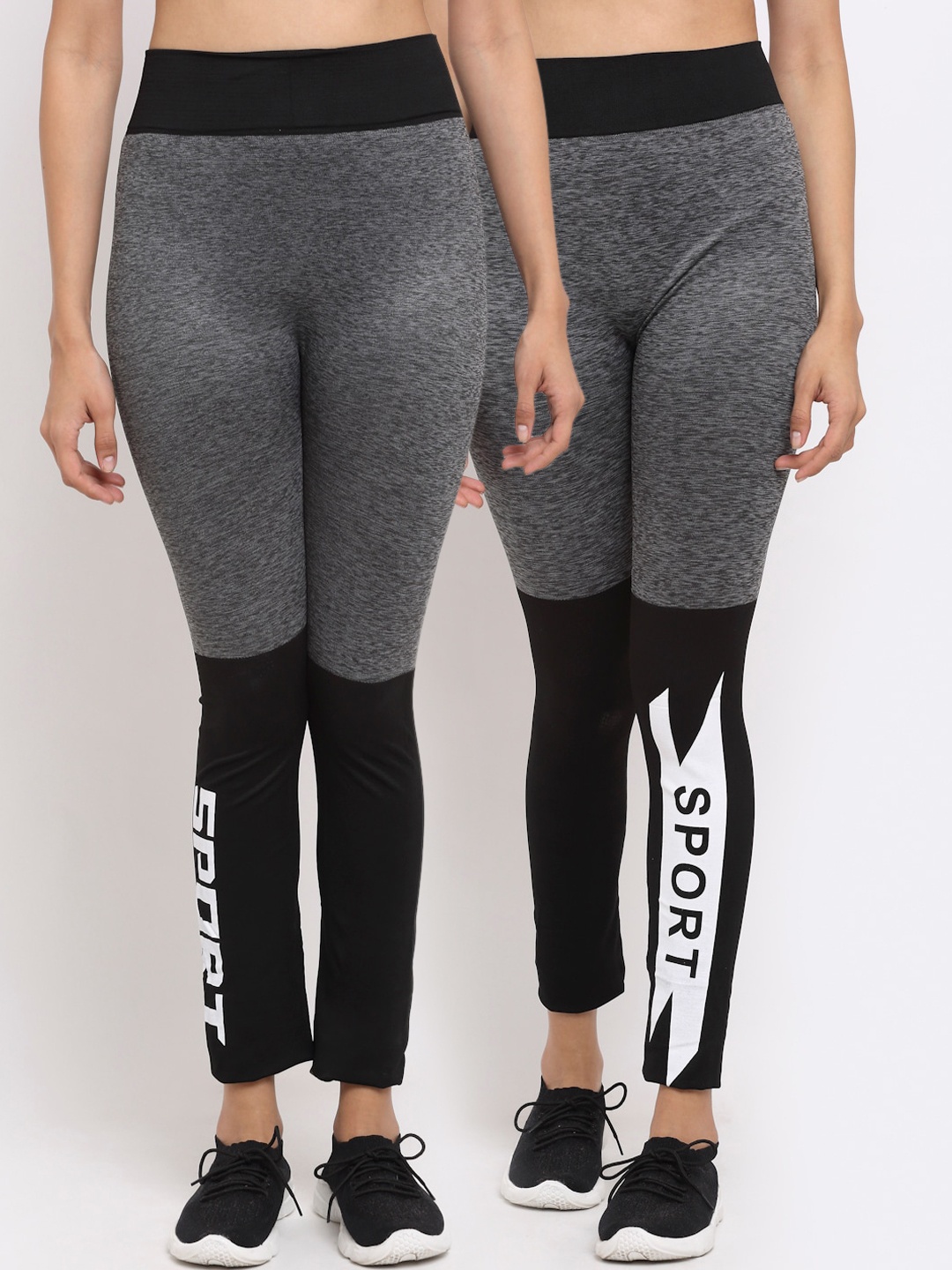 

NEUDIS Pack Of 2 Women Charcoal Grey & Black Yoga Seamless Printed Tights