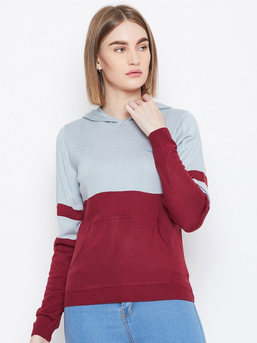 

JUMP USA Women Blue & Maroon Colourblocked Pullover Sweater