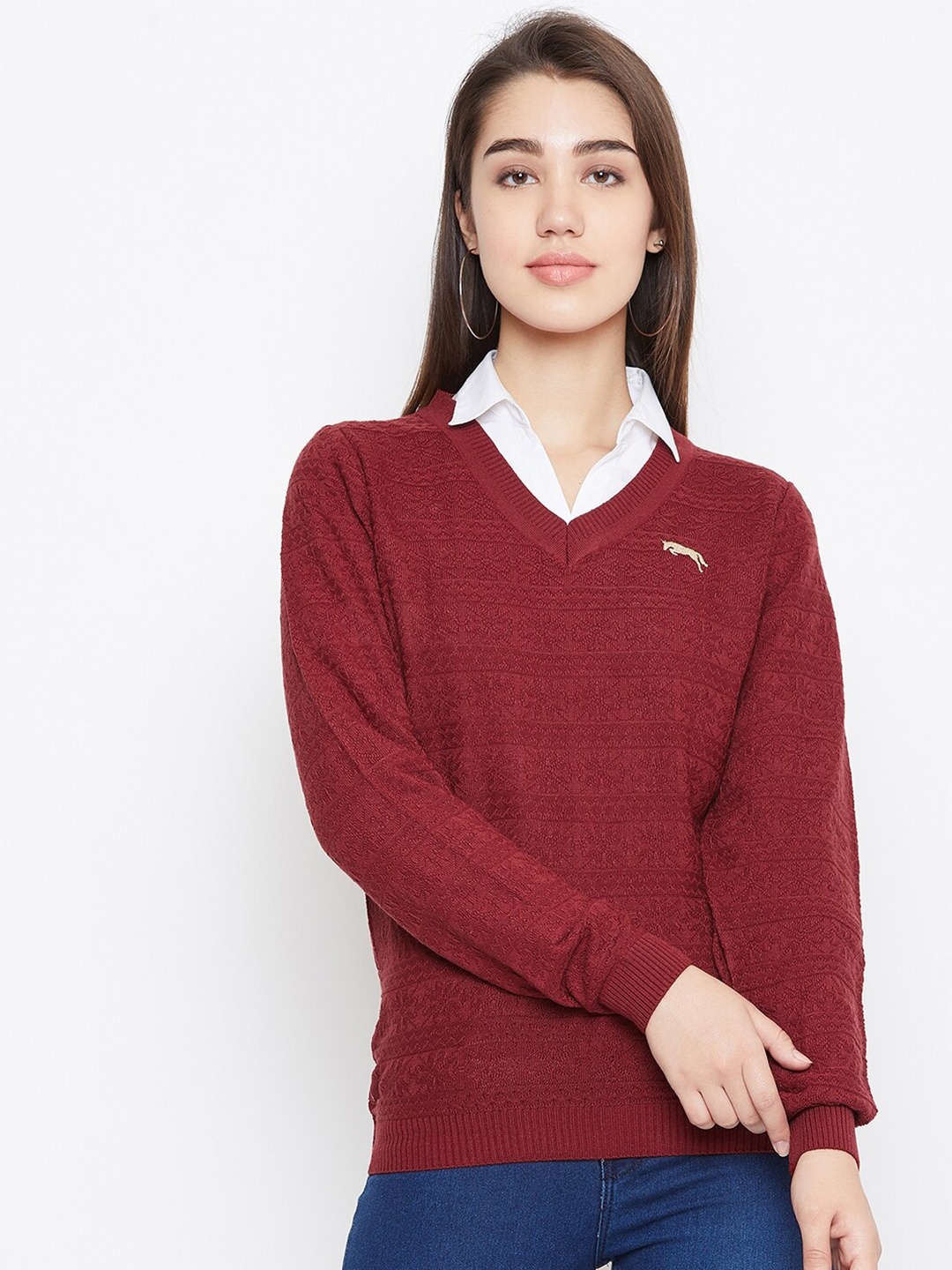 

JUMP USA Women Red Self Designed Pullover Sweater