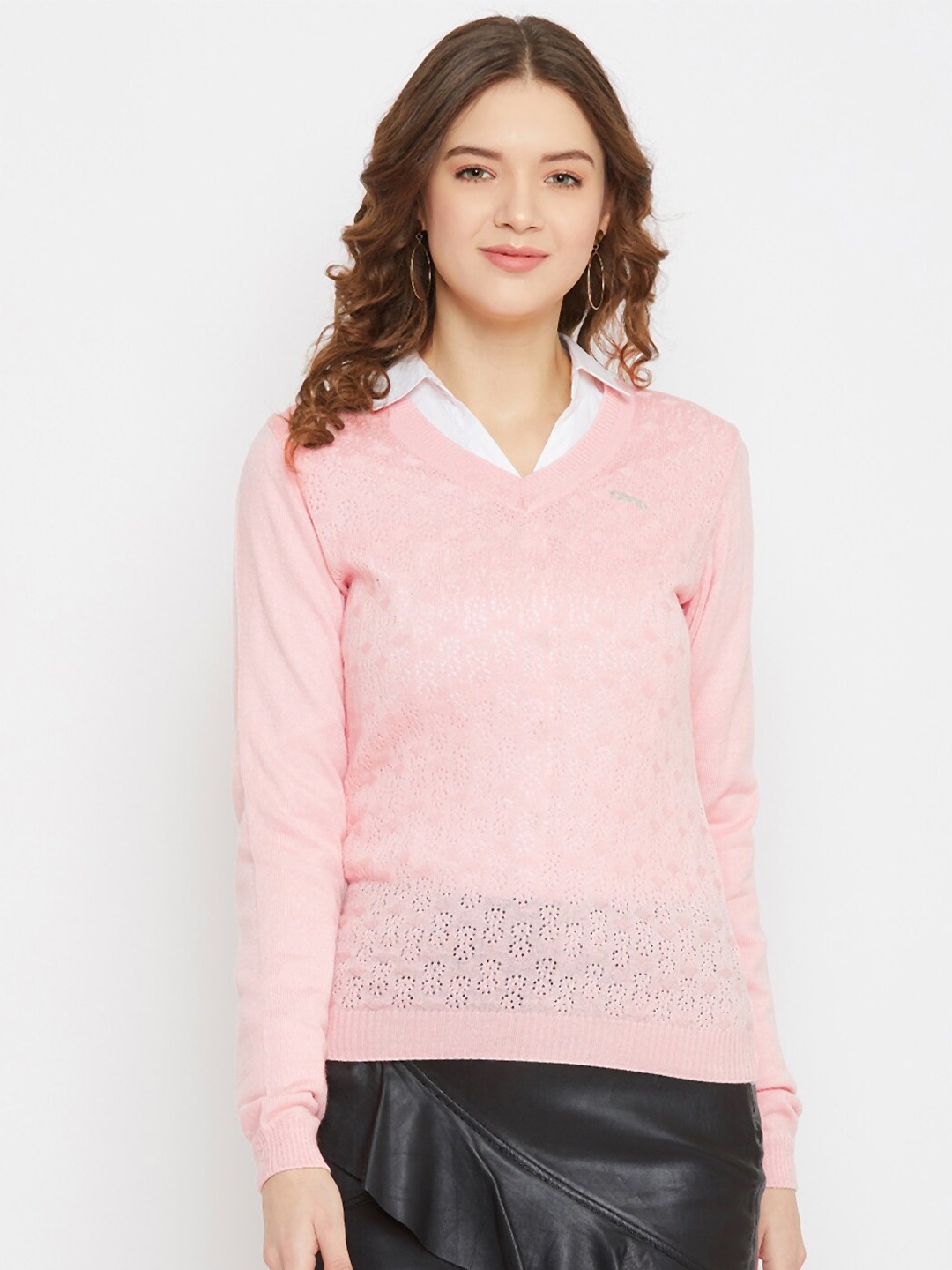 

JUMP USA Women Pink Self Designed Pullover Sweater