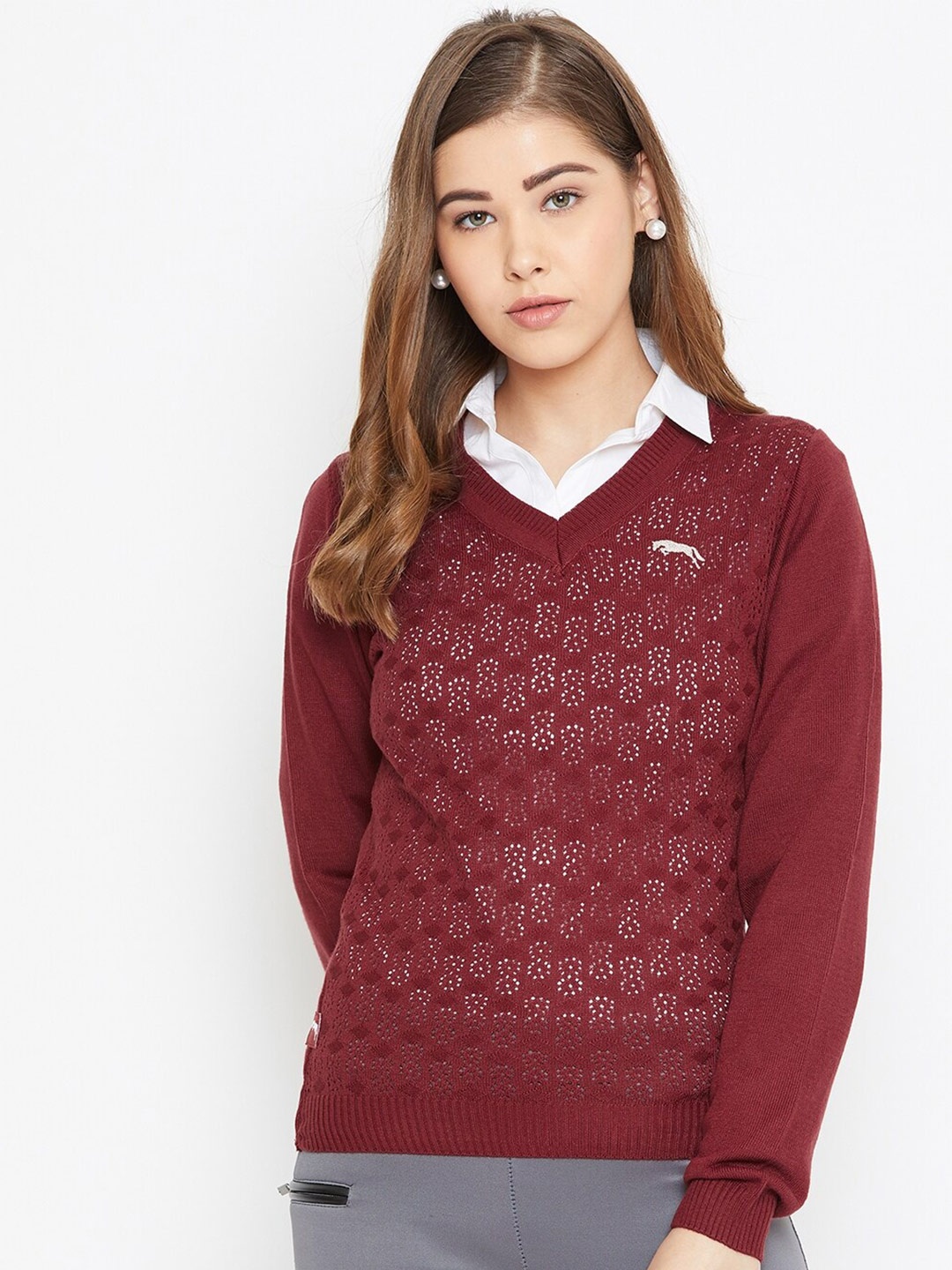 

JUMP USA Women Red Self Designed Pullover Sweater