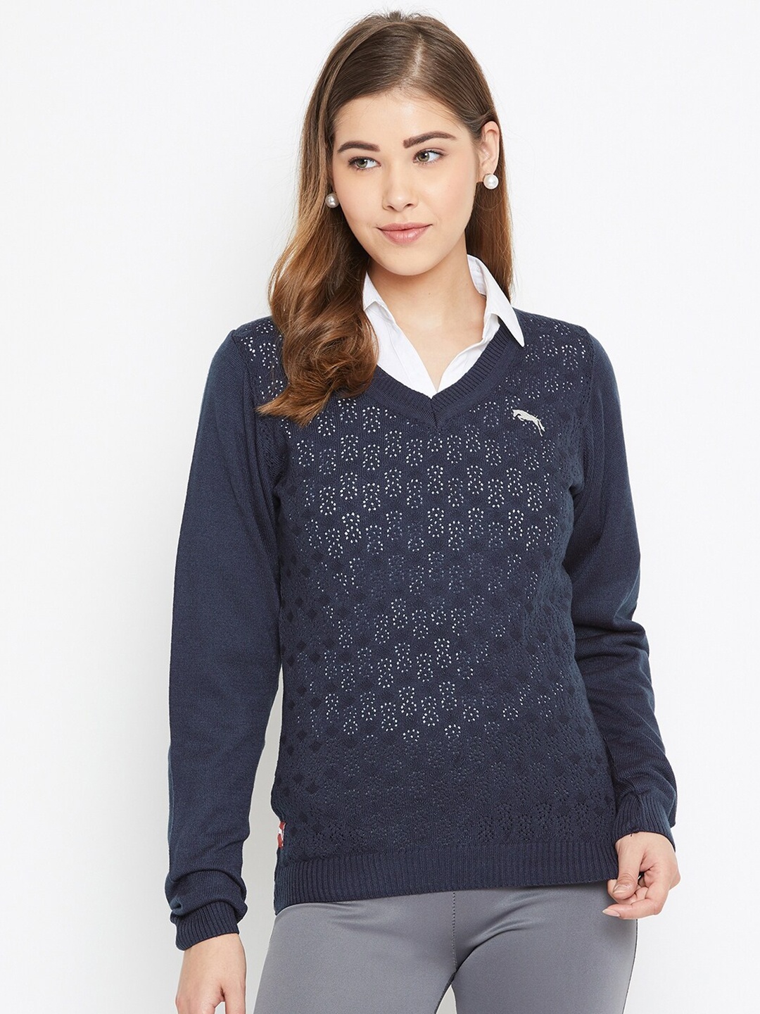 

JUMP USA Women Navy Blue Self Designed Pullover Sweater