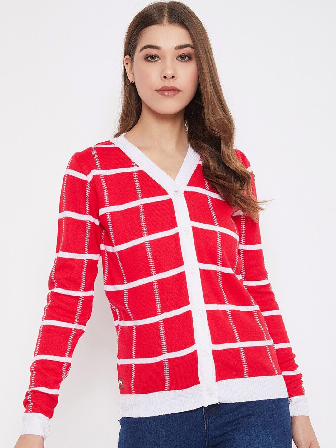 

JUMP USA Women Pink & White Checked Cardigan Sweater