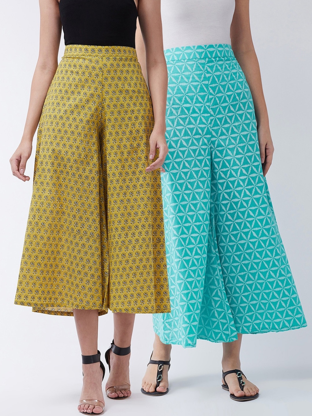 

InWeave Women Pack Of 2 Yellow & Turquoise Blue Floral Printed Pleated Culottes Trousers