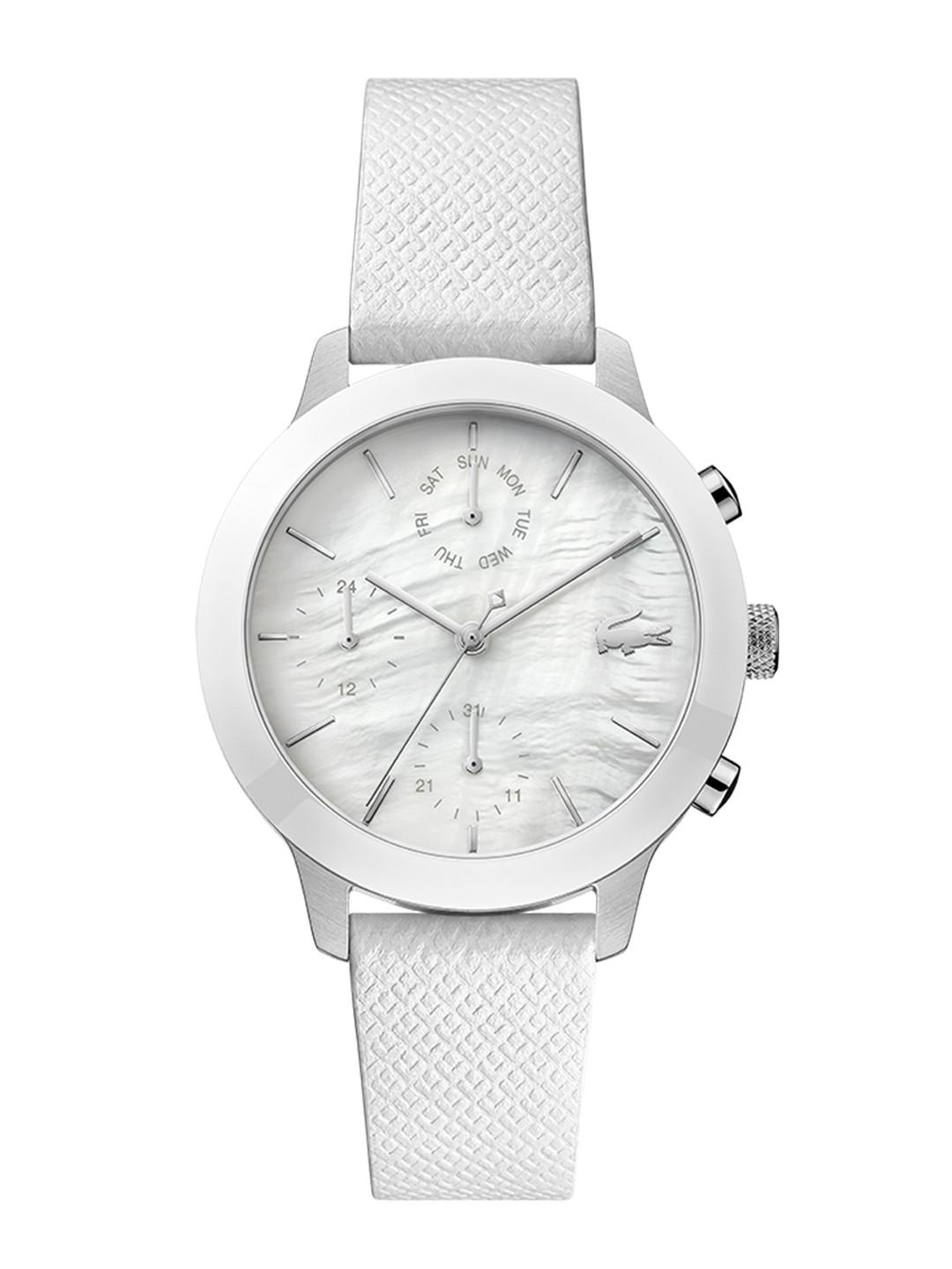 

Lacoste Women White Brass Mother of Pearl Dial & White Leather Straps Analogue Multi Function Watch