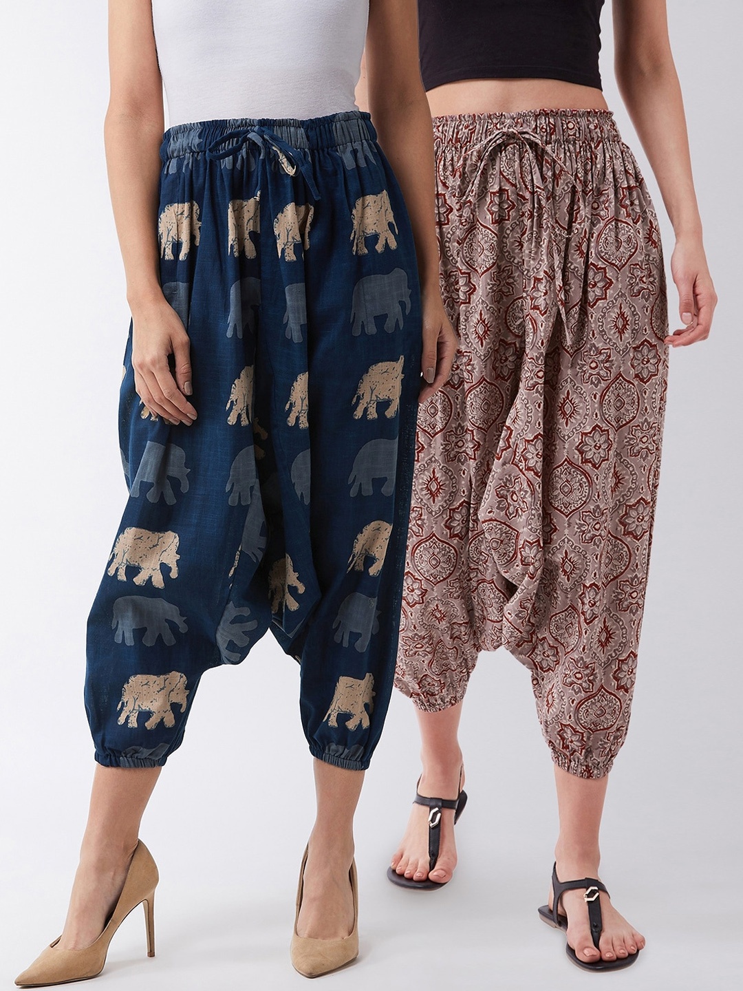 

InWeave Women Pack of 2 Blue & Beige Printed Cotton Harem Pants