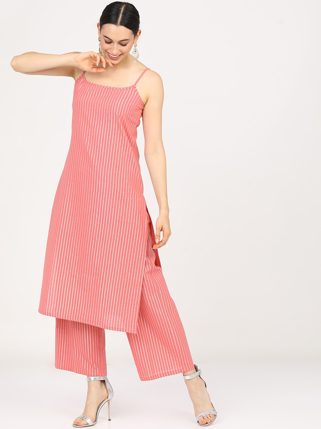 

Vishudh Women Pink & White Striped Regular Pure Cotton Kurta With Palazzos