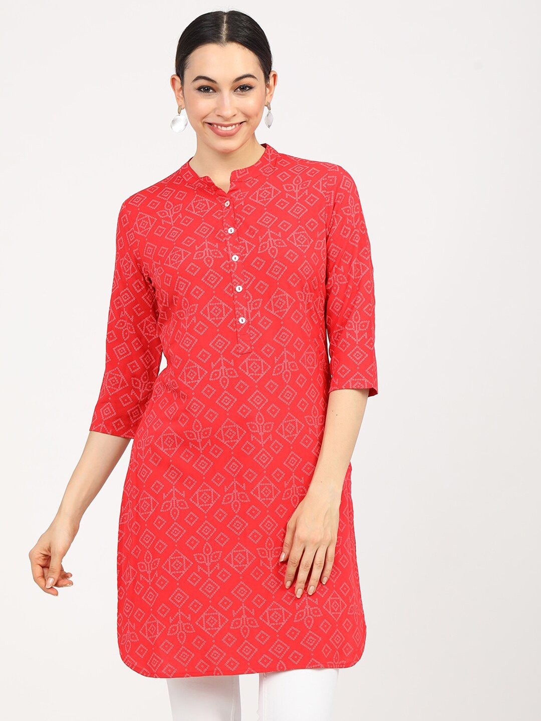 

Vishudh Red & Off White Viscose Rayon Mandarin Collar Printed Tunic