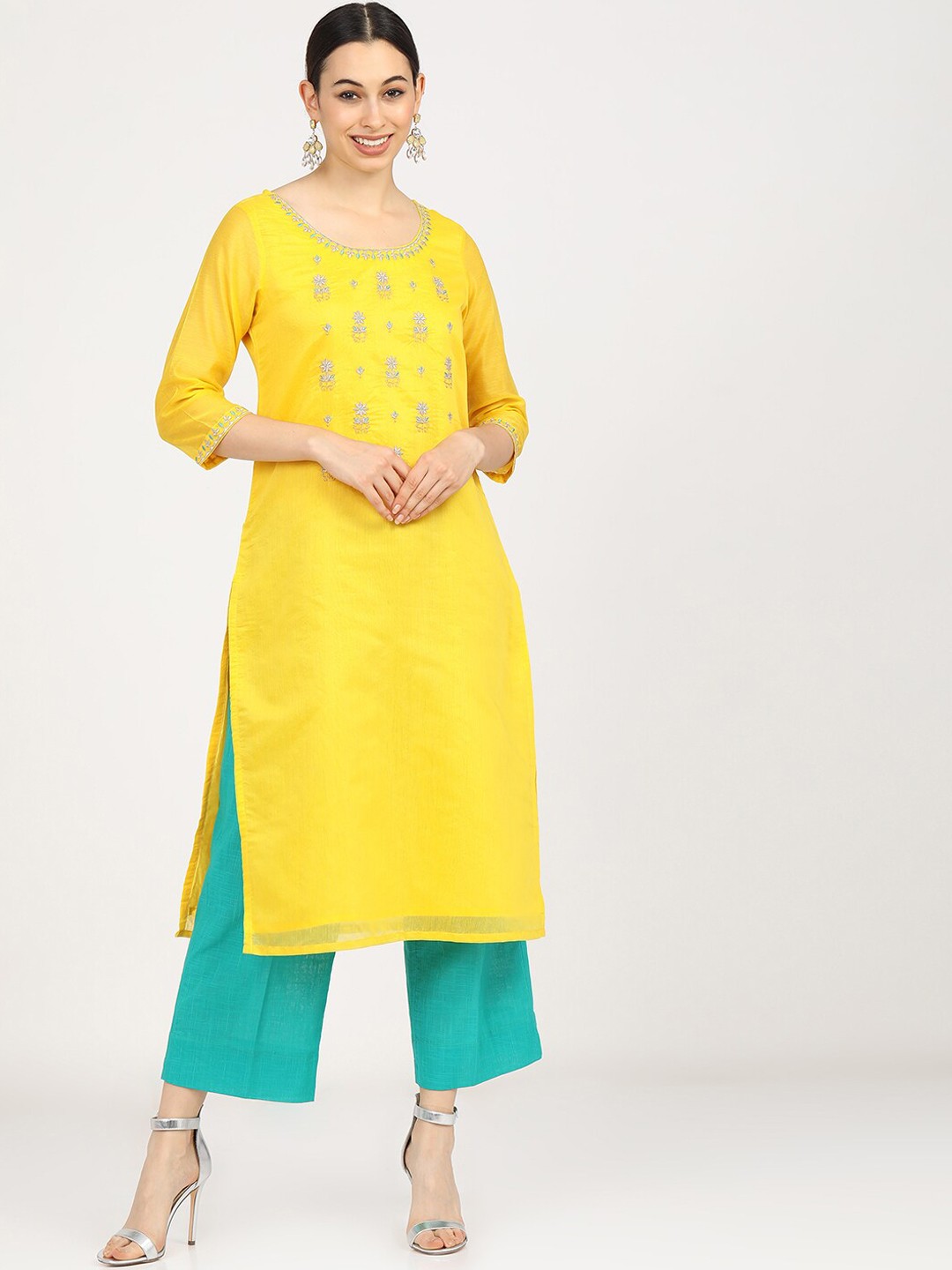 

Vishudh Women Yellow & Pink Floral Embroidered Kurta