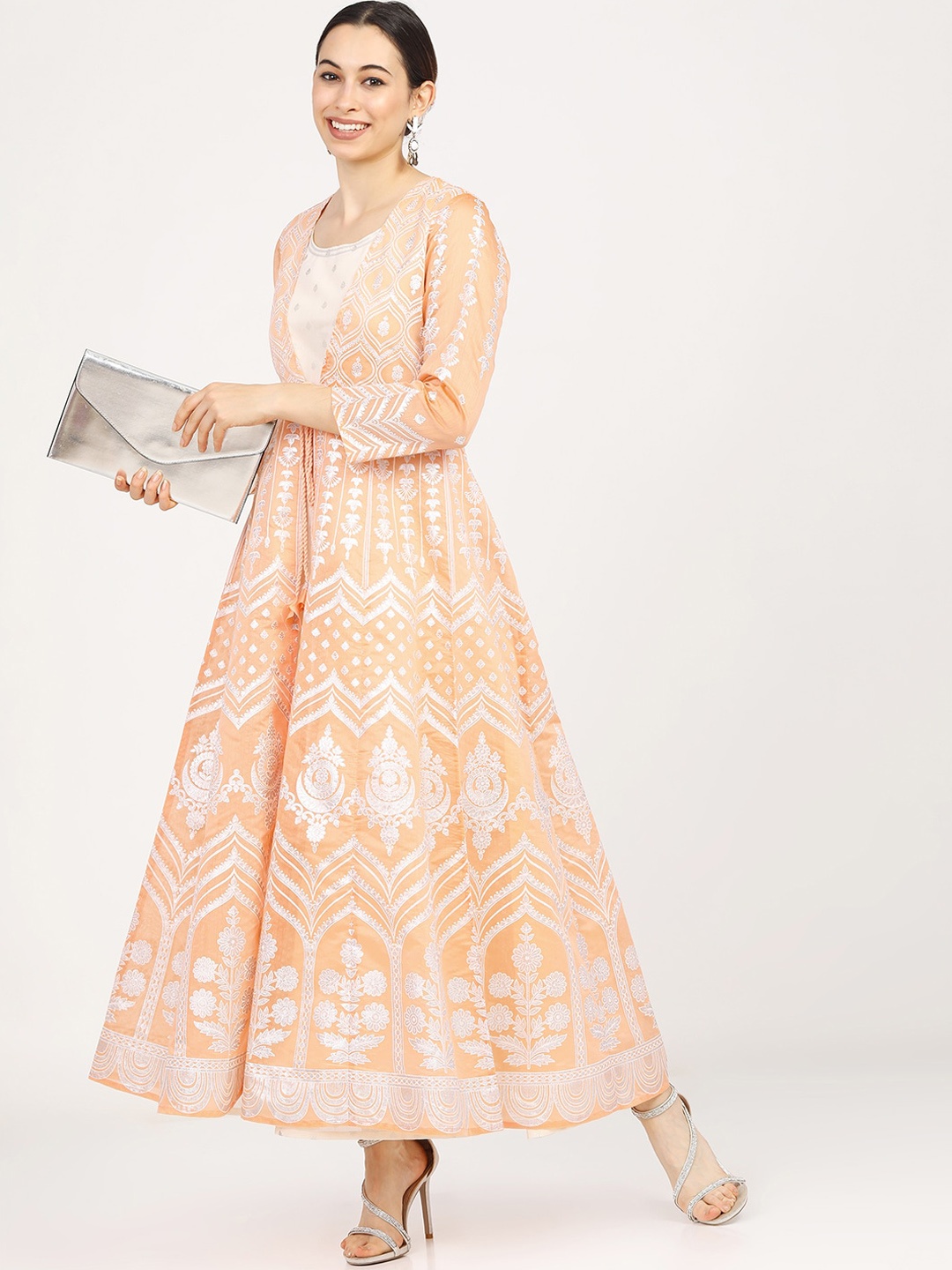 

Vishudh Orange Chanderi Layered Ethnic Maxi Dress