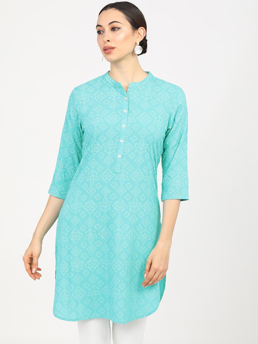 

Vishudh Blue Viscose Rayon Mandarin Collar Printed Tunic