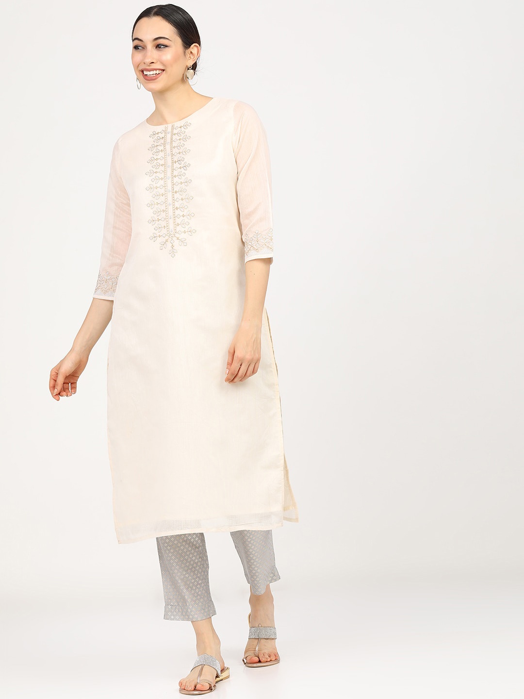 

Vishudh Women Beige Yoke Design Thread Work Kurta