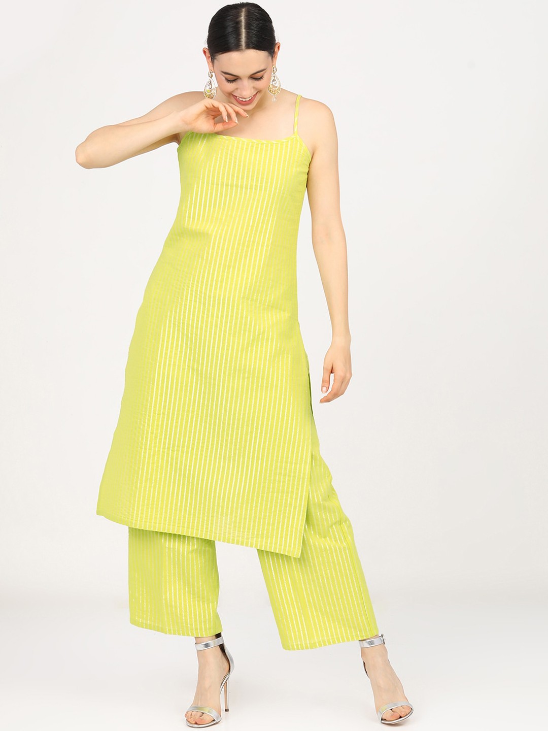 

Vishudh Women Yellow Striped Regular Pure Cotton Kurta With Palazzos
