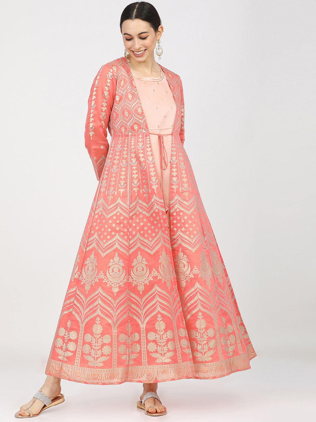 

Vishudh Women Orange Ethnic Motifs Printed Anarkali Kurta With Ethnic Shrug