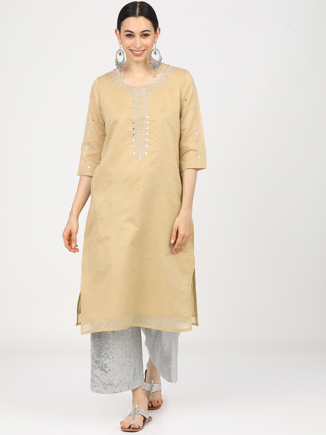 

Vishudh Women Beige & Silver-Toned Ethnic Motifs Embroidered Mirror Work Kurta