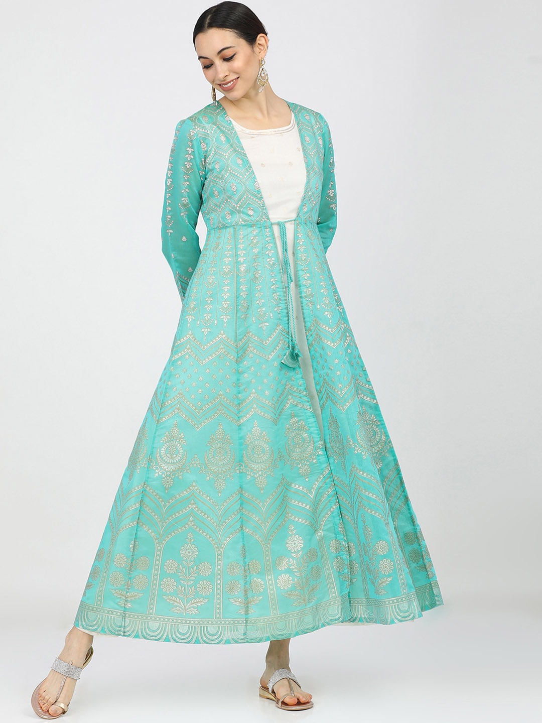 

Vishudh Women Turquoise Blue & Off White Ethnic Motifs Printed Anarkali Kurta