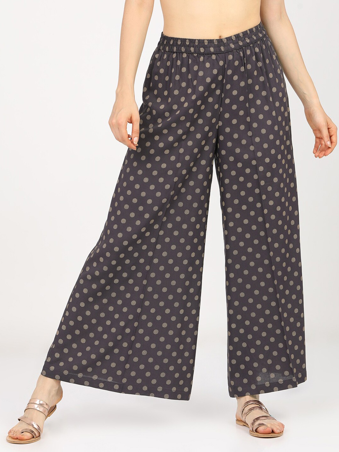 

Vishudh Women Grey & Beige Polka Dots Printed Ethnic Palazzos