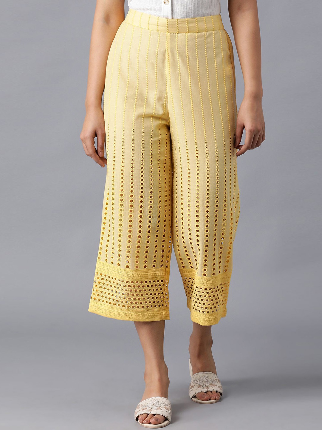 

elleven Women Yellow Self Design Culottes Trousers