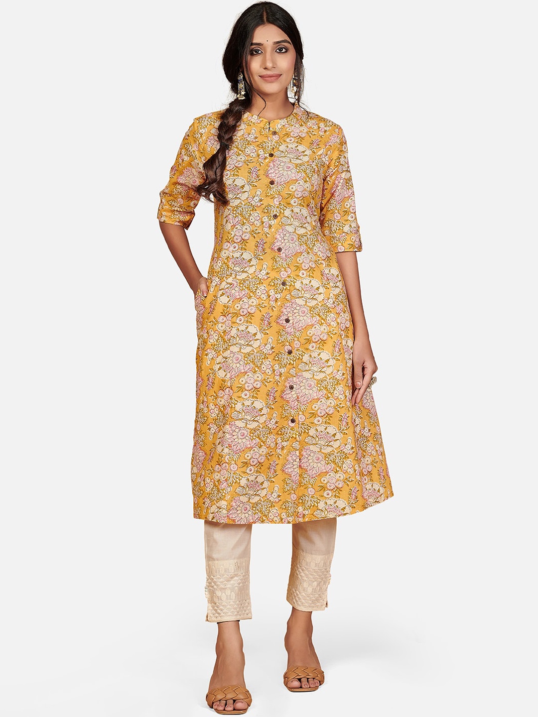 

Vbuyz Women Yellow & Pink Floral Cotton Printed Kurta