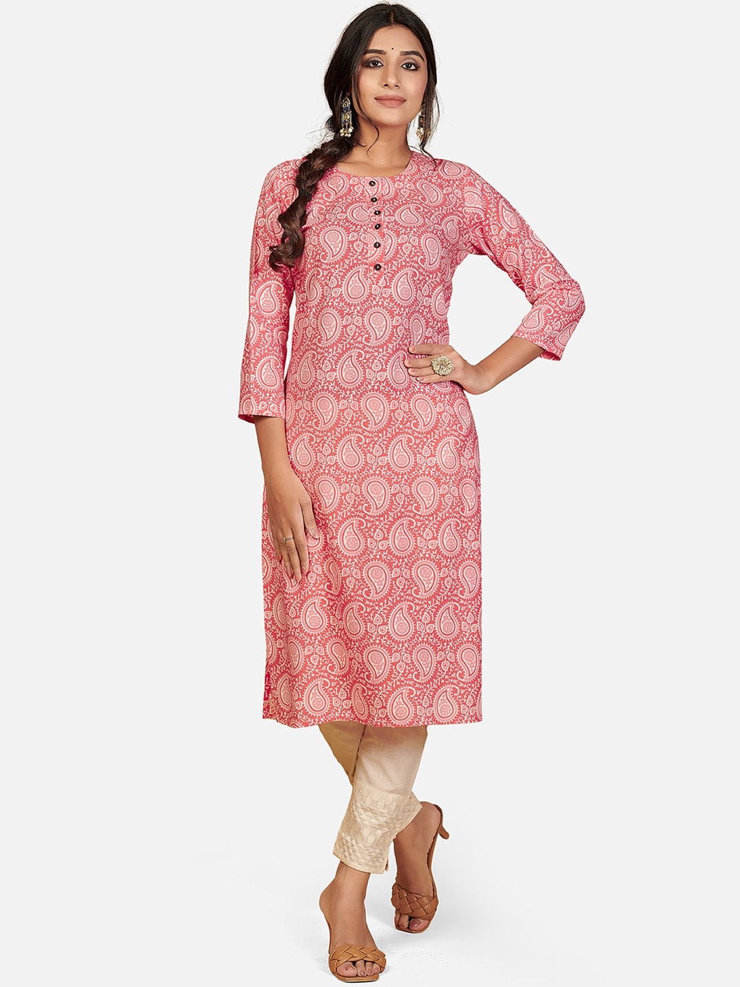 

Vbuyz Women Pink & White Paisley Printed Cotton Kurta