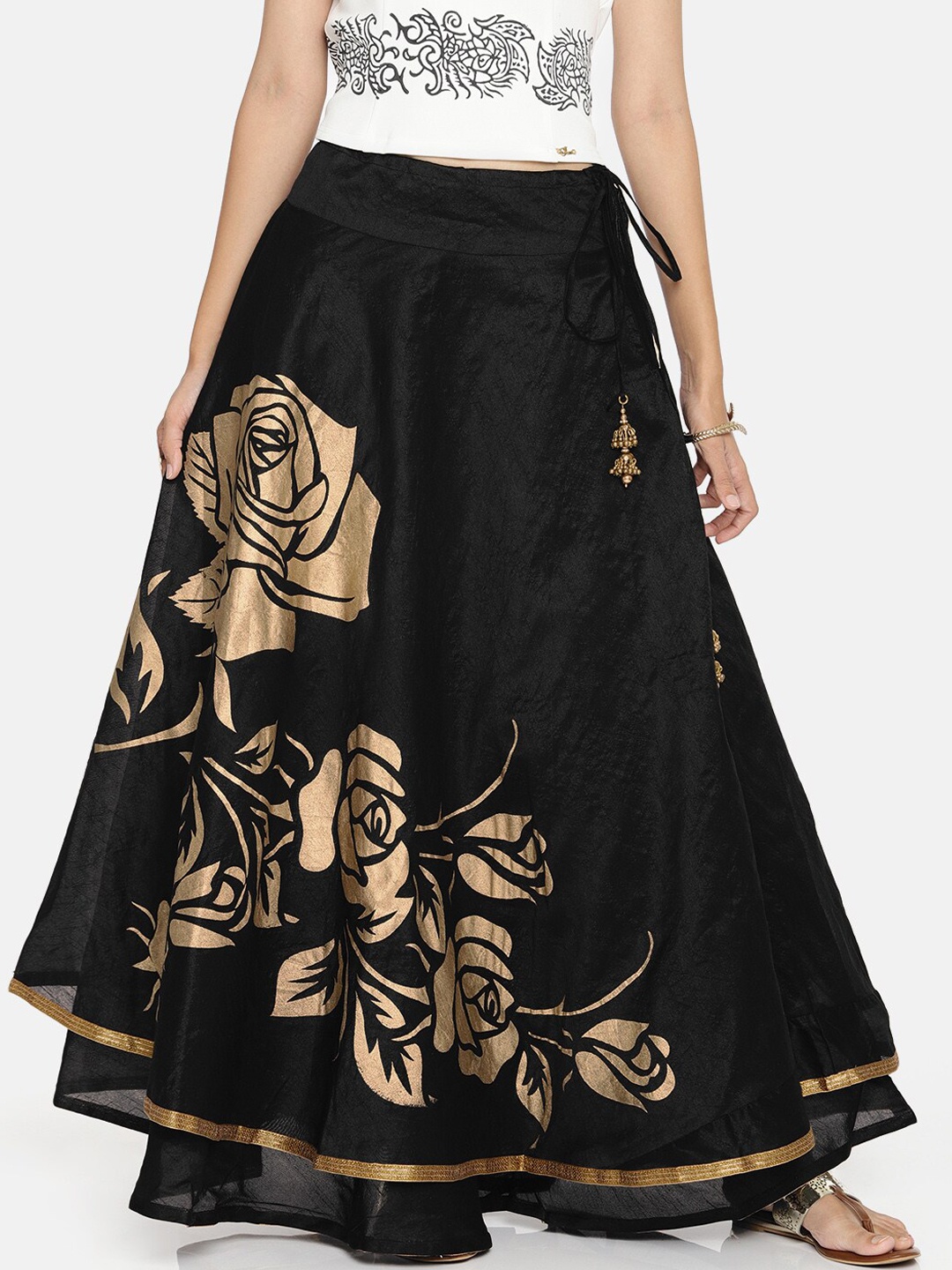

Ira Soleil Women Black & Gold Floral Printed Reversible Flared Maxi-Skirt