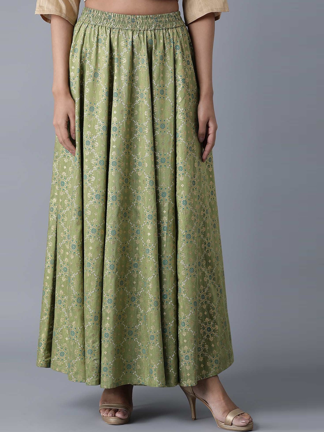 

elleven Women Green & Gold-Coloured Printed Flared Maxi Skirt