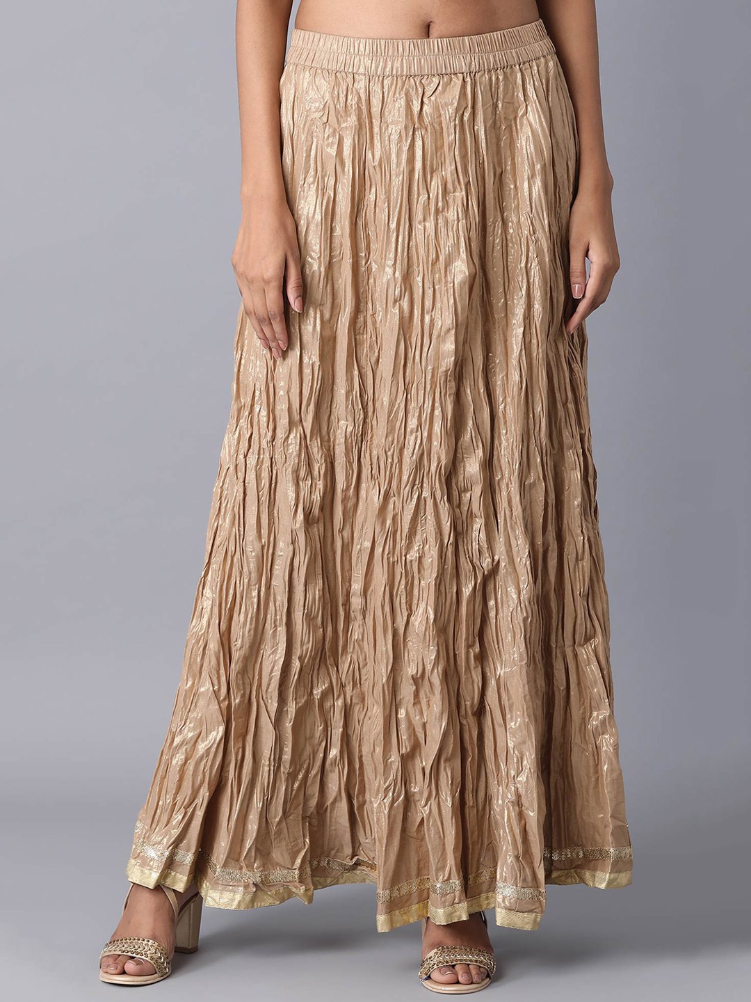 

elleven Women Gold Coloured Solid Pure Cotton Flared Maxi-Skirt