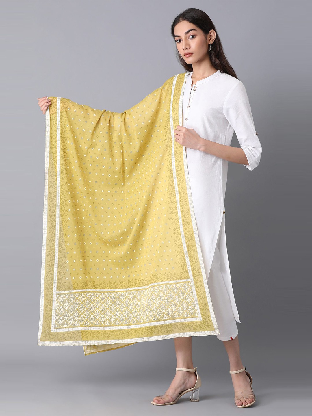 

elleven Woman Golden Olive & White Printed Pure Cotton Dupatta