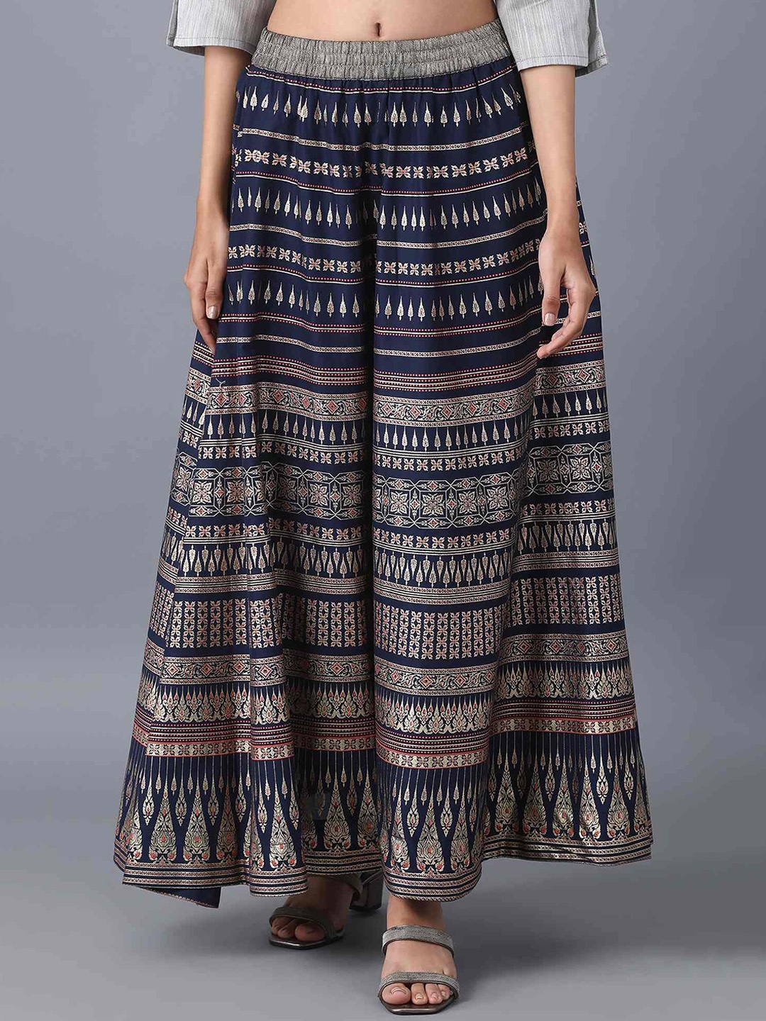 

elleven Women Navy Blue & Silver-Coloured Printed Pure Cotton Flared Maxi-Skirt