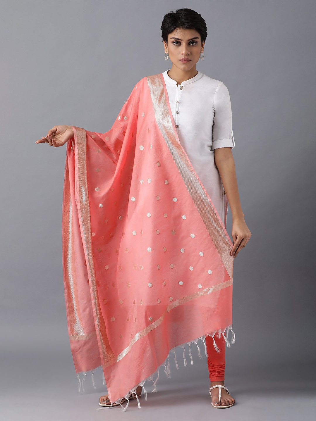 

elleven Orange & Silver-Toned Woven Design Dupatta with Zari