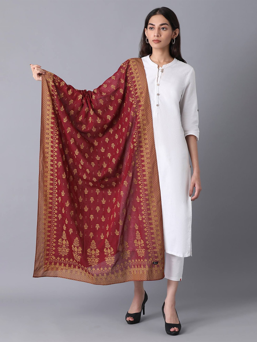 

elleven Maroon & Gold-Toned Printed Pure Cotton Dupatta
