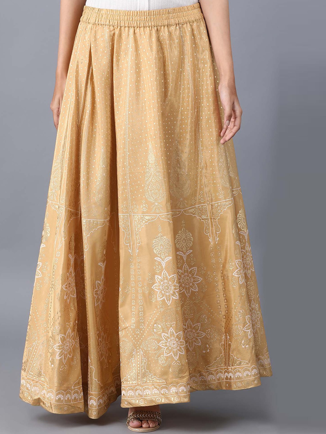 

elleven Women Gold-Coloured & White Printed Flared Maxi Skirt