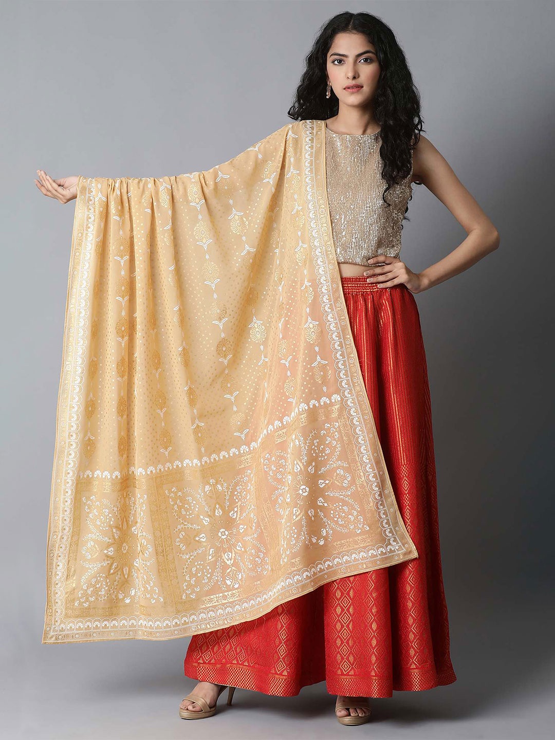 

elleven Gold-Toned & Cream-Coloured Printed Dupatta