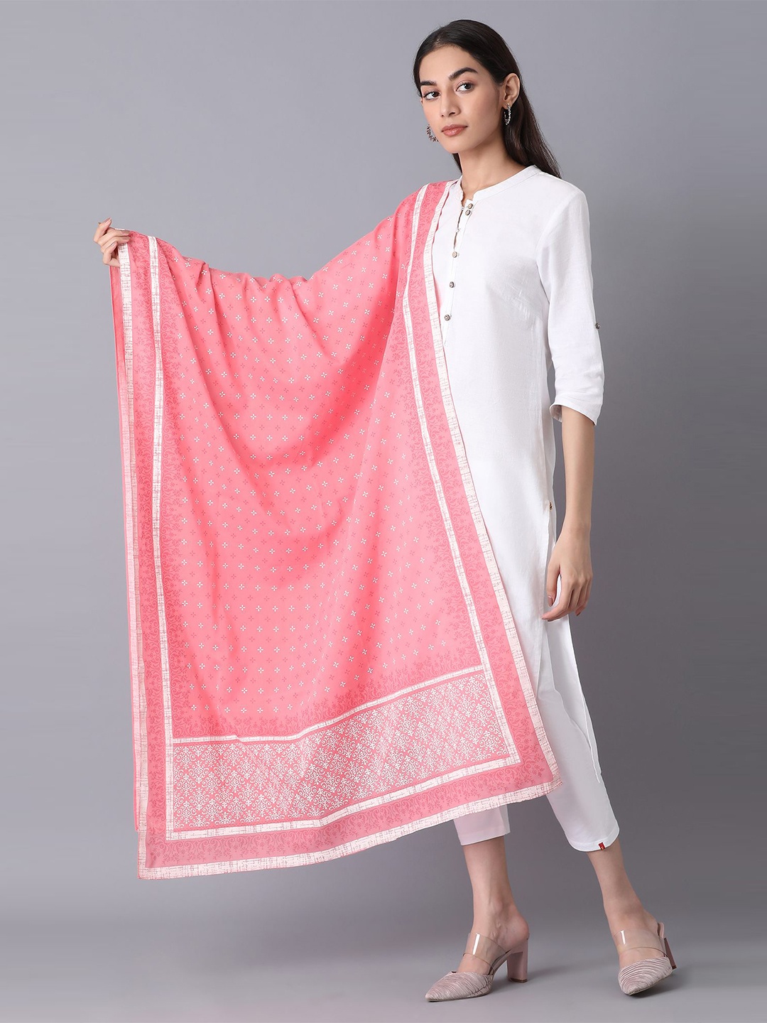 

elleven Pink & White Ethnic Motifs Printed Pure Cotton Dupatta