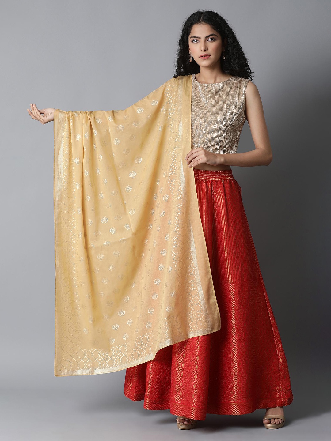 

elleven Gold-Toned Ethnic Motifs Printed Pure Cotton Dupatta