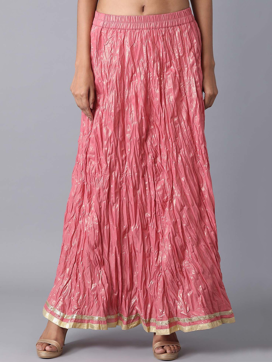 

elleven Women Pink & Gold-Coloured Solid Flared Pure Cotton Maxi Skirt