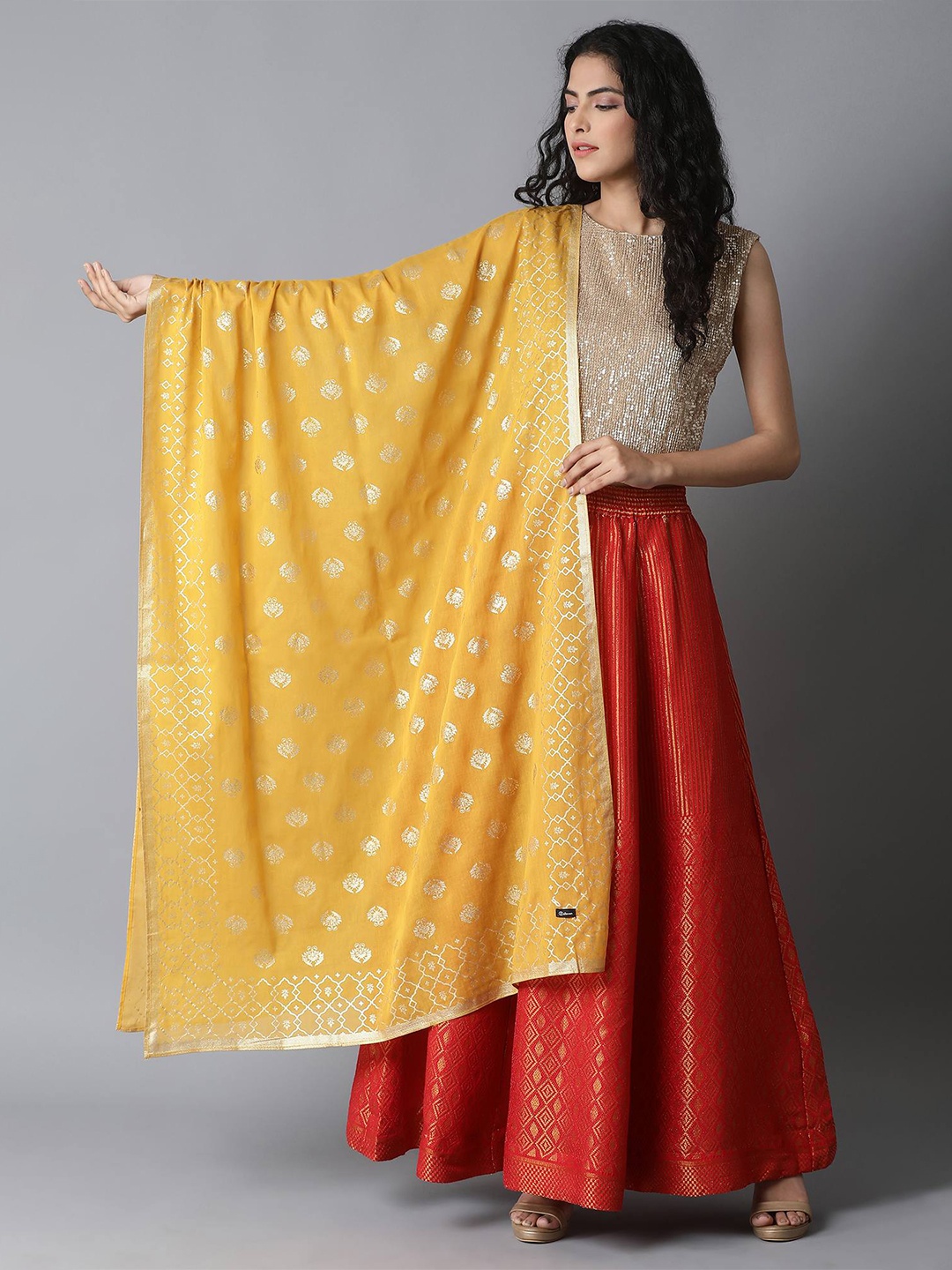 

elleven Yellow & Gold-Toned Printed Pure Cotton Foil Print Dupatta